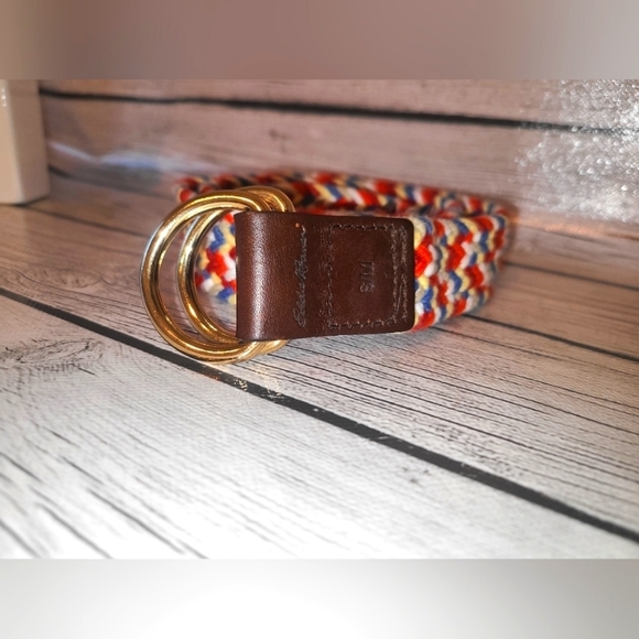 Eddie Bauer Accessories - Vintage 1990s Rainbow Woven Belt / 30" Max / Eddie Bauer Leather and Brass Woven